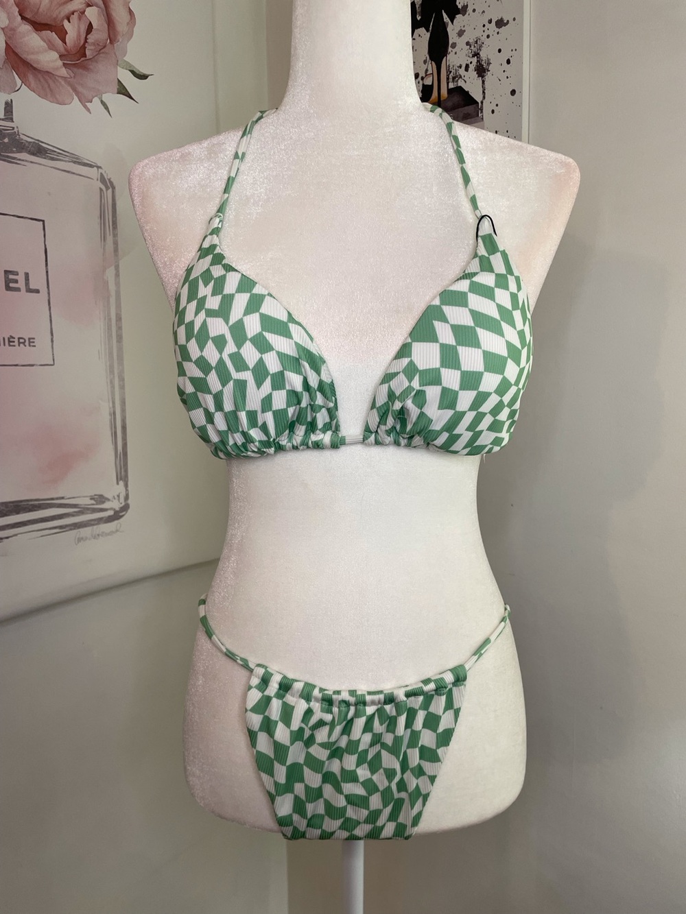 Zaful String Bikini Green & White Checkered Size 8